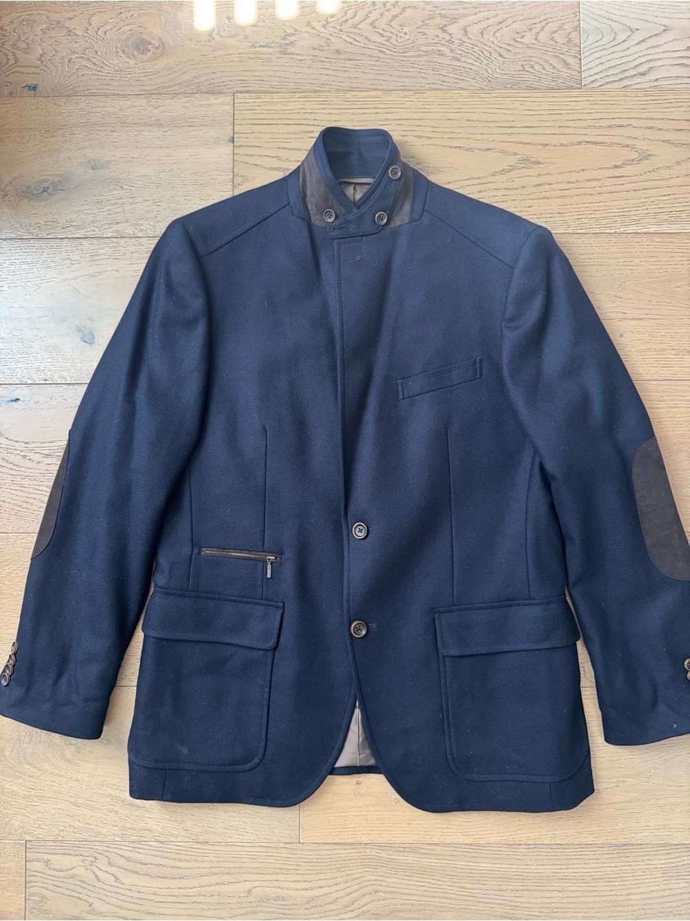Ibiza Pagano men's navy blue wool sport coat blazer suede elbow patches